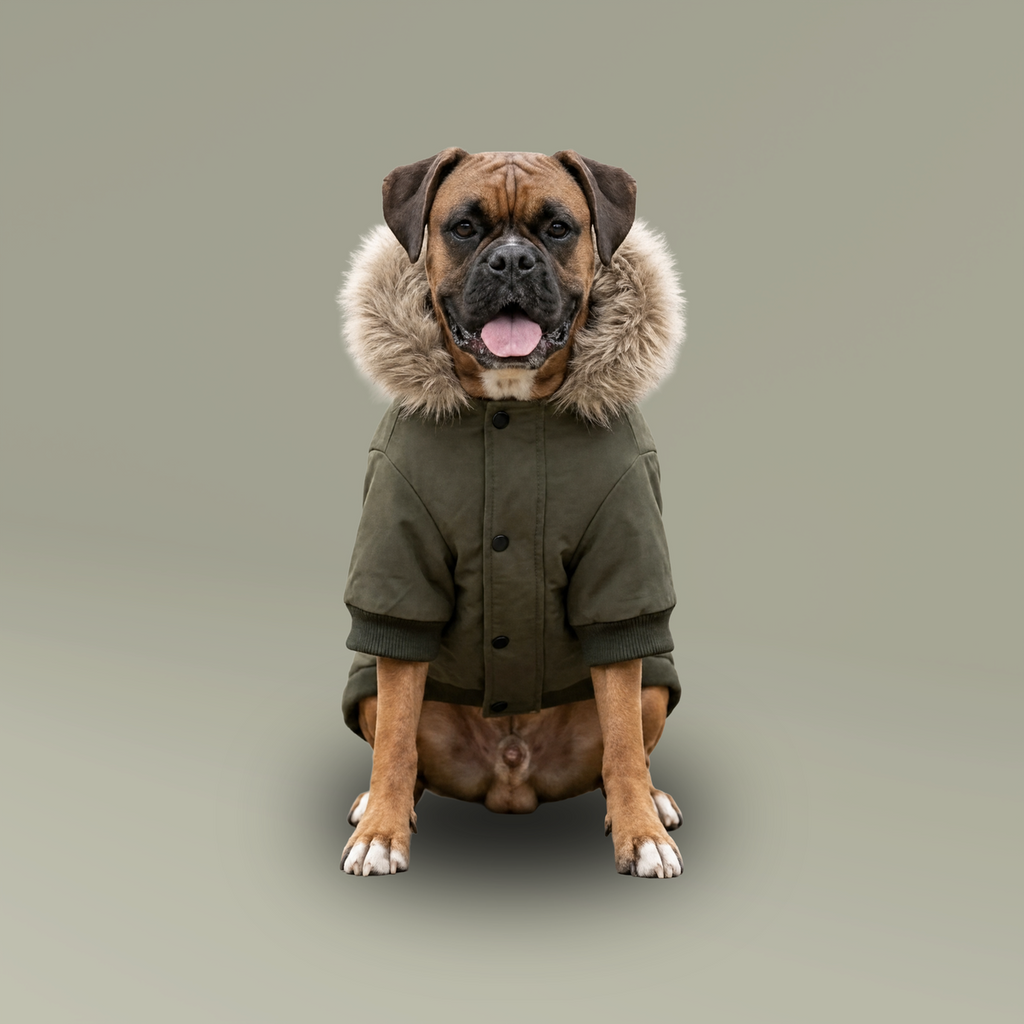 Dog parka front view with faux fur hood